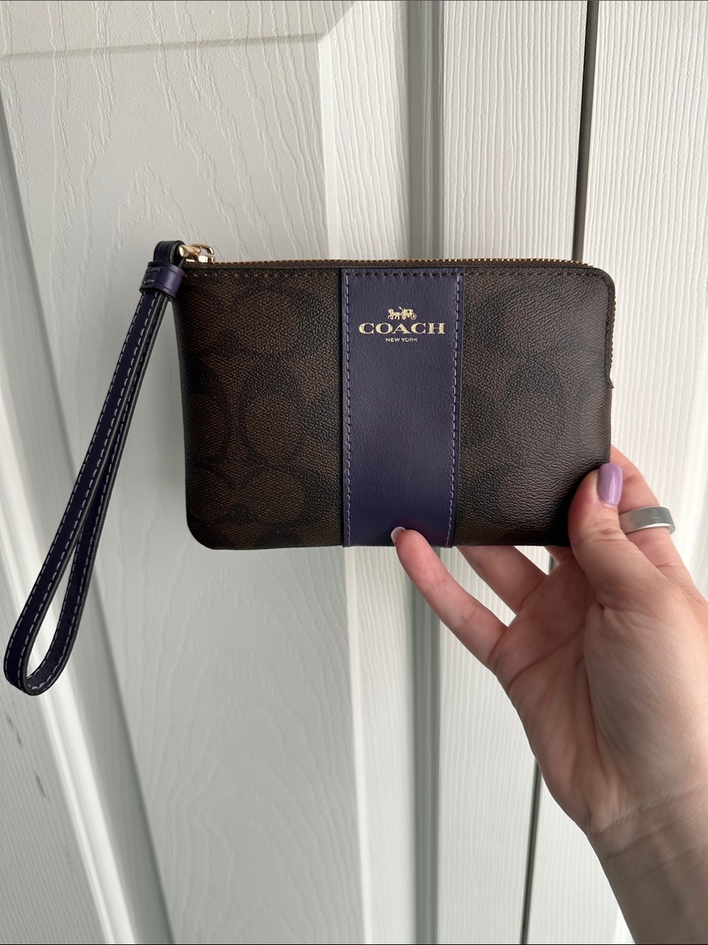Coach Brown Signature Canvas Wristlet with Purple Center Stripe